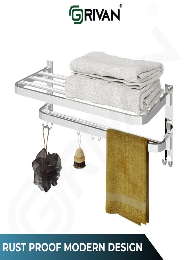 GRIVAN Stainless Steel 24 Inch Folding Towel Rack with Multiple Hooks | Bathroom Shelf, Hanger, Stand & Wall Mount Accessories (Silver Chrome Finish) - Image 5